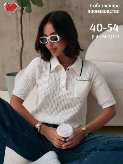 Футболка поло вязаная на пуговицах с карманом