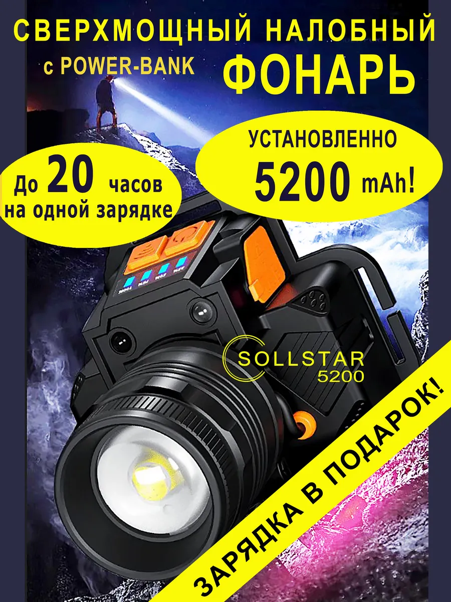 Фонарь налобный аккумуляторный мощный для рыбалки, похода